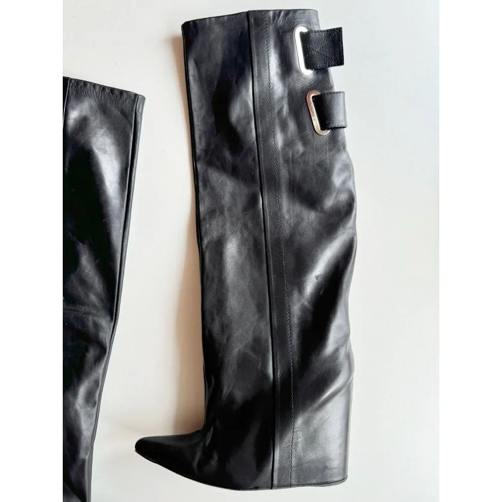 BALENCIAGA Astrogirl Black Leather TK Over The Knee Tall Wedge Boots, Size 39.5 - Picture 4 of 16